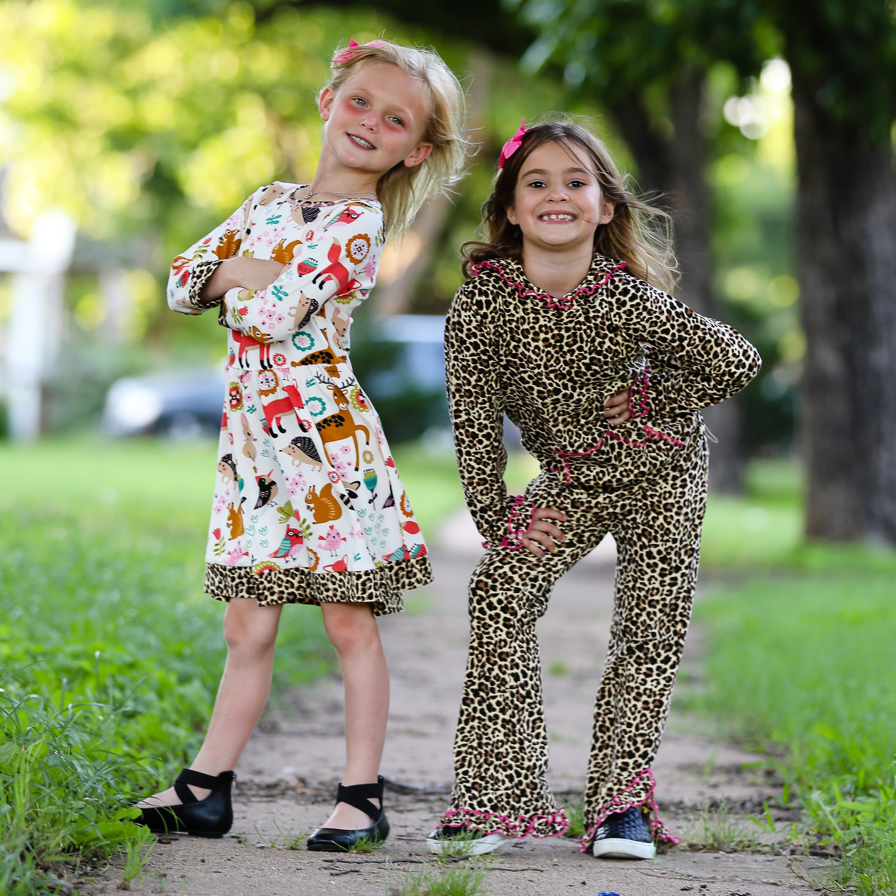 AnnLoren Little & Big Girls Long Sleeve Boutique Forest Friends Fall Dress featuring leopard trim and soft fabric.