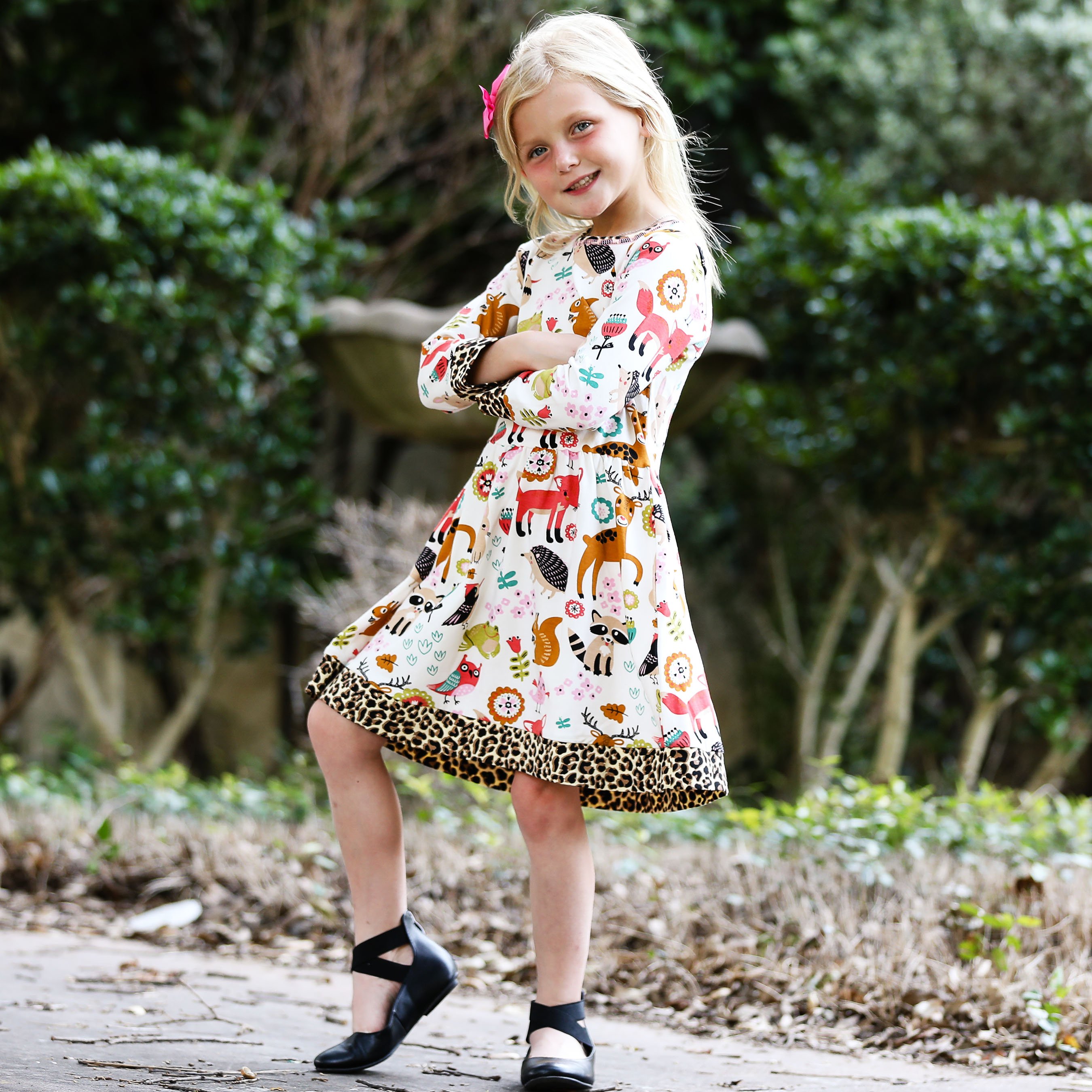 AnnLoren Little & Big Girls Long Sleeve Boutique Forest Friends Fall Dress featuring leopard trim and soft fabric.