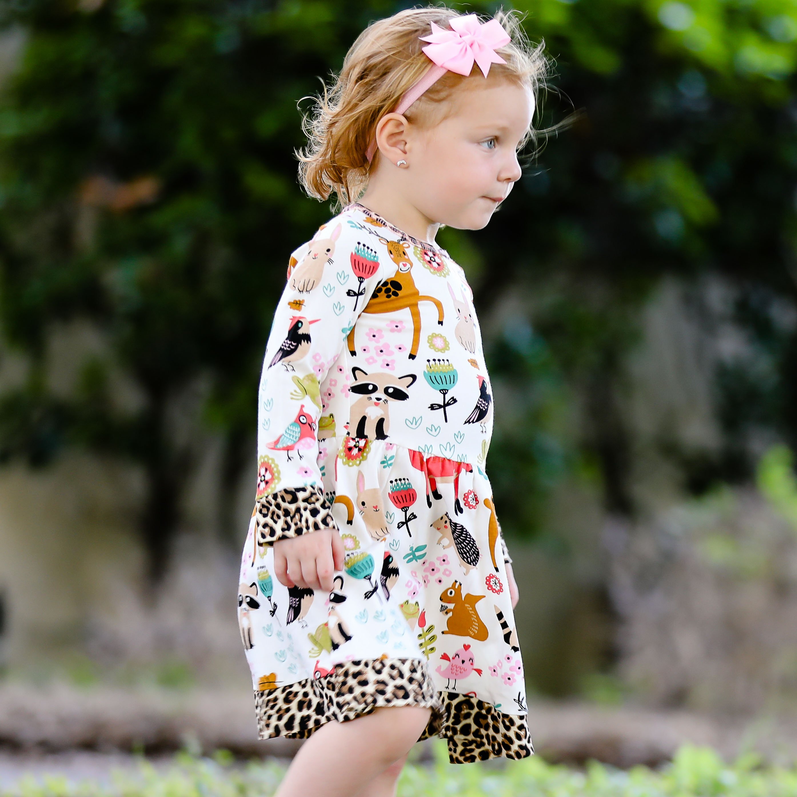 AnnLoren Little & Big Girls Long Sleeve Boutique Forest Friends Fall Dress featuring leopard trim and soft fabric.
