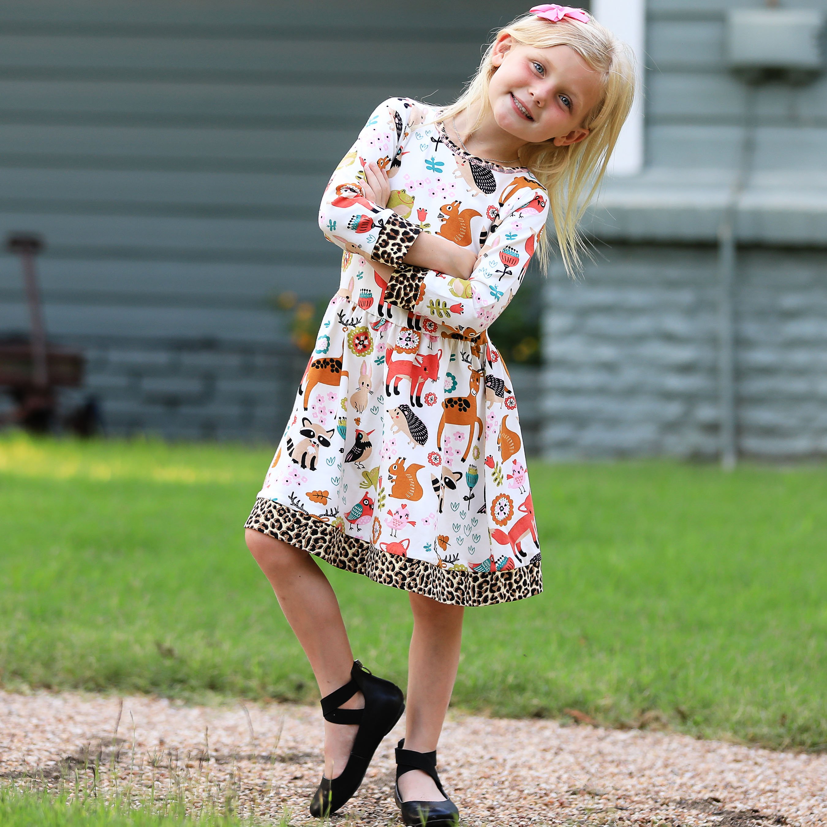 AnnLoren Little & Big Girls Long Sleeve Boutique Forest Friends Fall Dress featuring leopard trim and soft fabric.