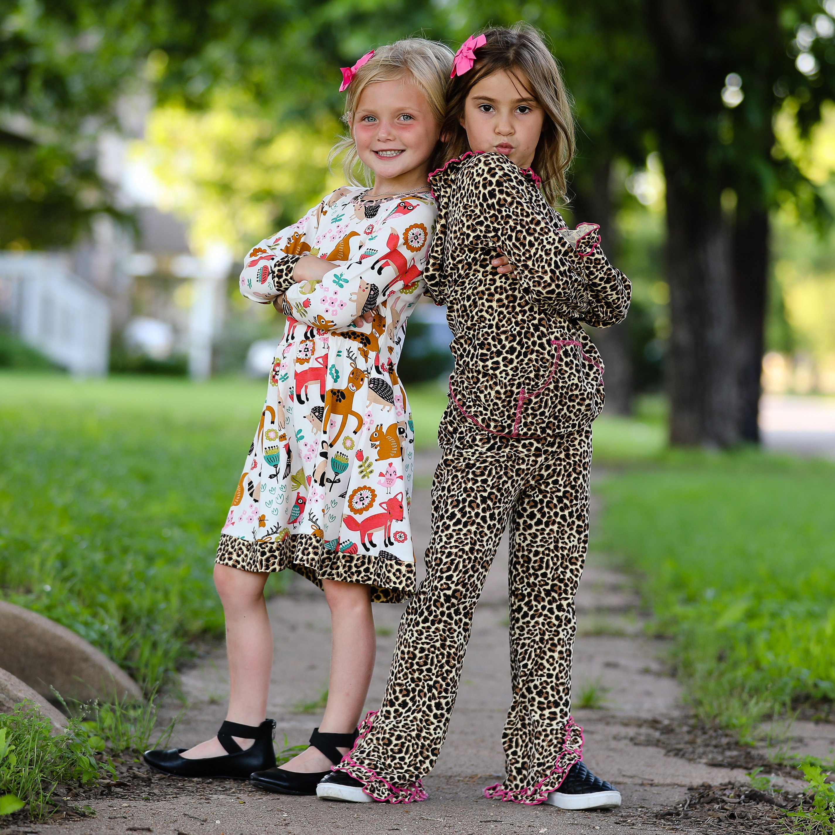 AnnLoren Little & Big Girls Long Sleeve Boutique Forest Friends Fall Dress featuring leopard trim and soft fabric.