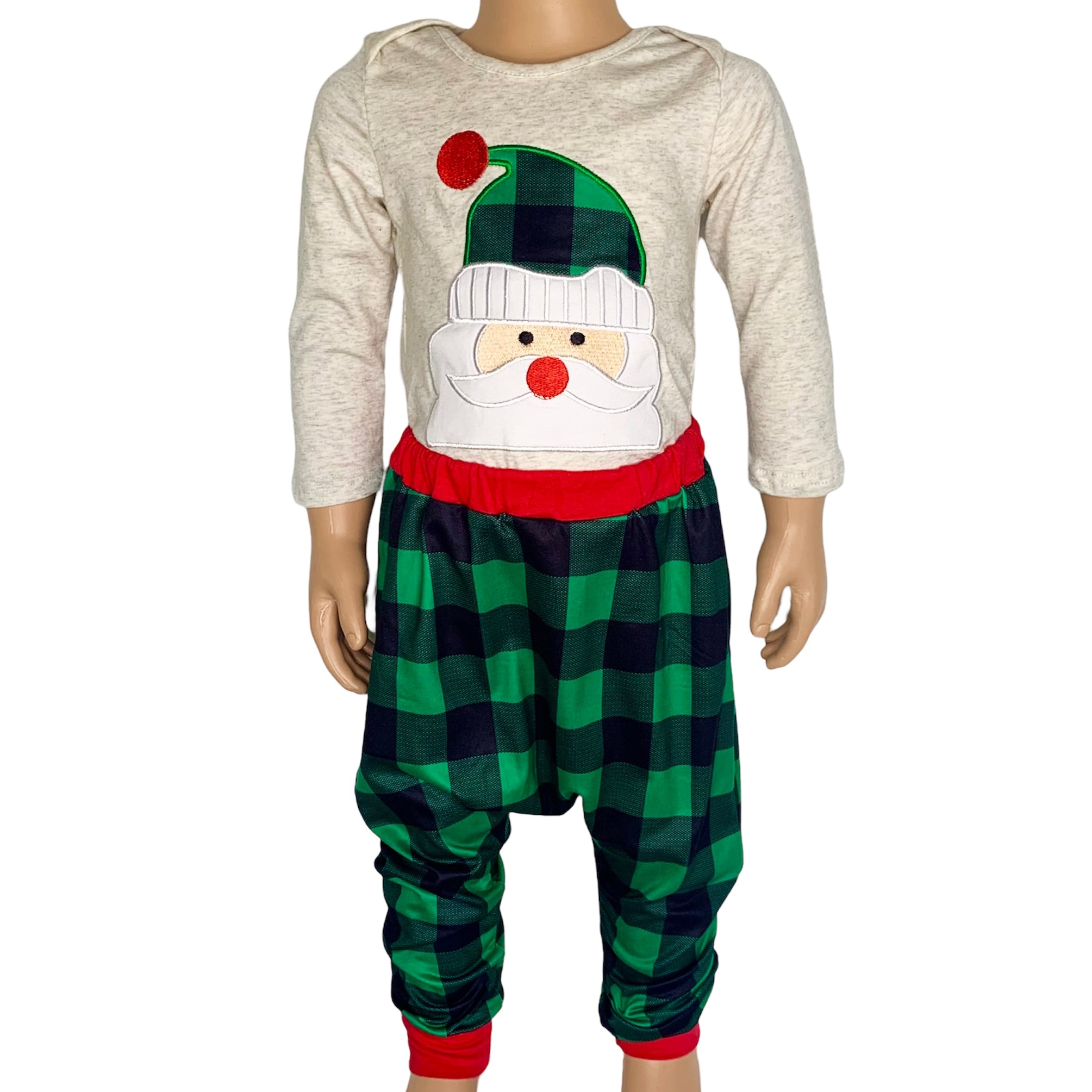 Baby boys holiday outfit featuring Santa Claus applique onesie and plaid jogger pants with red trim, perfect for Christmas celebrations.