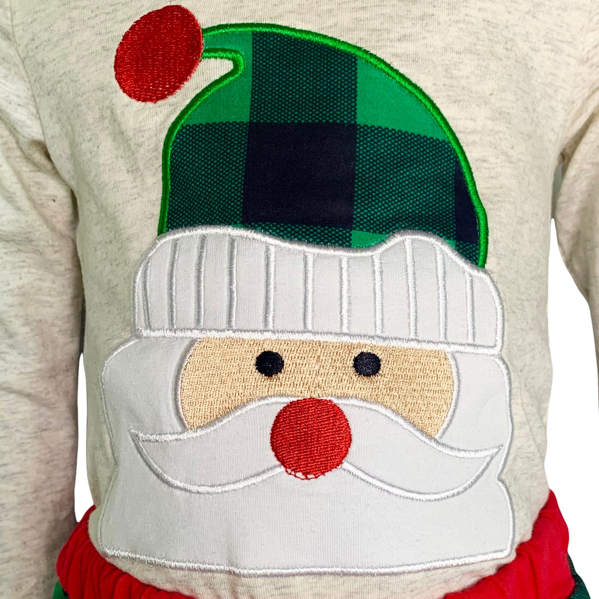 Baby boys holiday outfit featuring Santa Claus applique onesie and plaid jogger pants with red trim, perfect for Christmas celebrations.