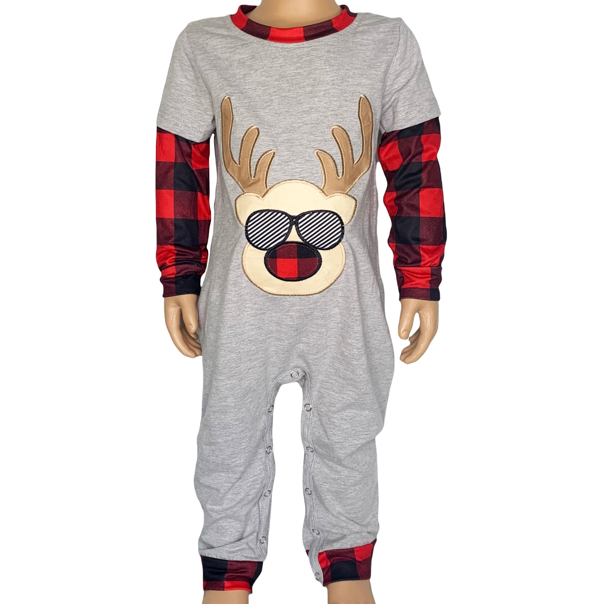 Baby boys unisex holiday Christmas romper featuring reindeer applique, plaid sleeves, and soft cotton fabric, perfect for festive occasions.