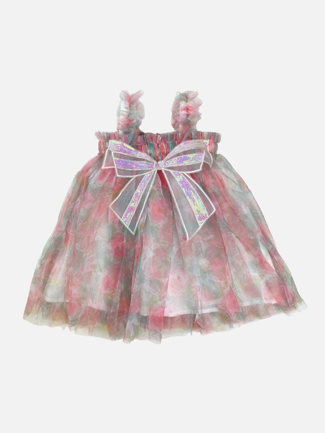 A charming pink floral tulle dress featuring a big sequined bow at the front, perfect for summer parties.