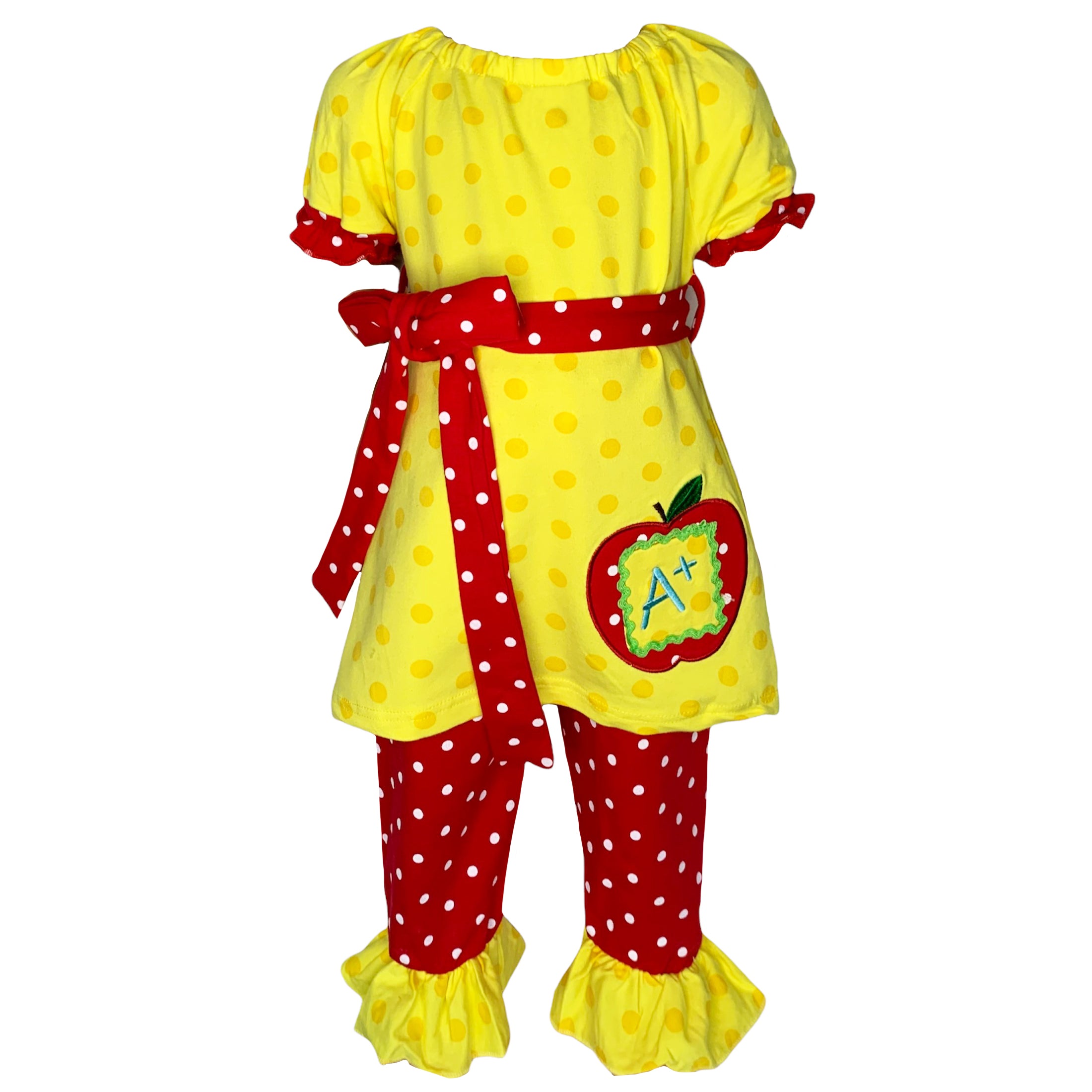 Big Girls Back to School Apple Yellow 2 piece Set Outfit featuring a yellow tunic with apple applique and red polka dot Capri pants.