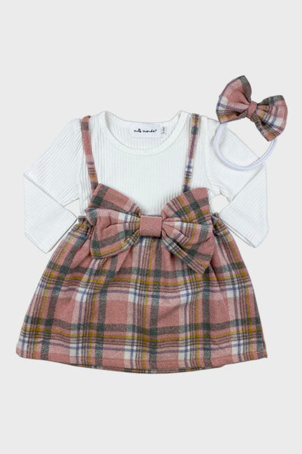 A cozy pink flannel 2 pc dress set for babies, featuring a big front bow and matching headband, perfect for winter wear.