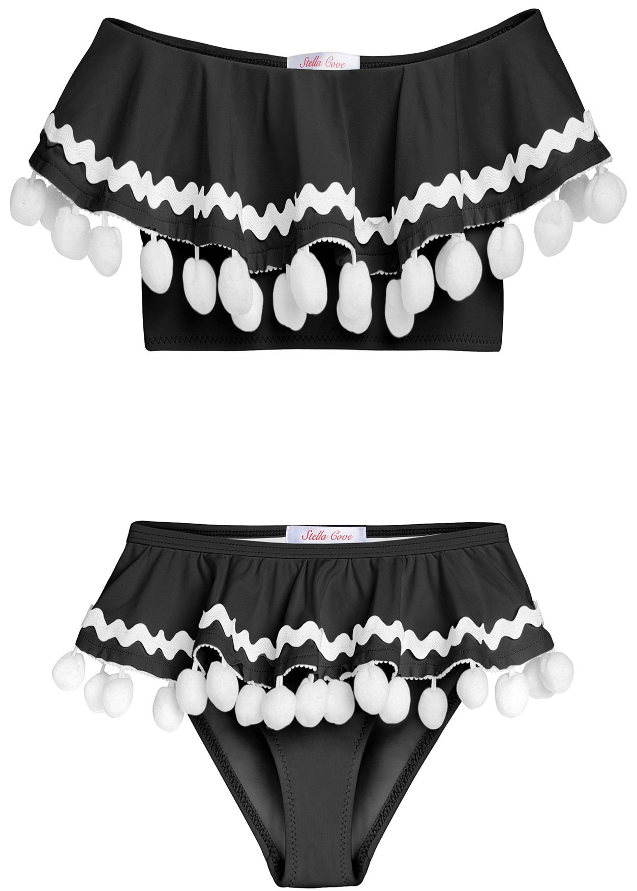 Black draped bikini for girls featuring white trim and playful pom poms, perfect for stylish beach outings.