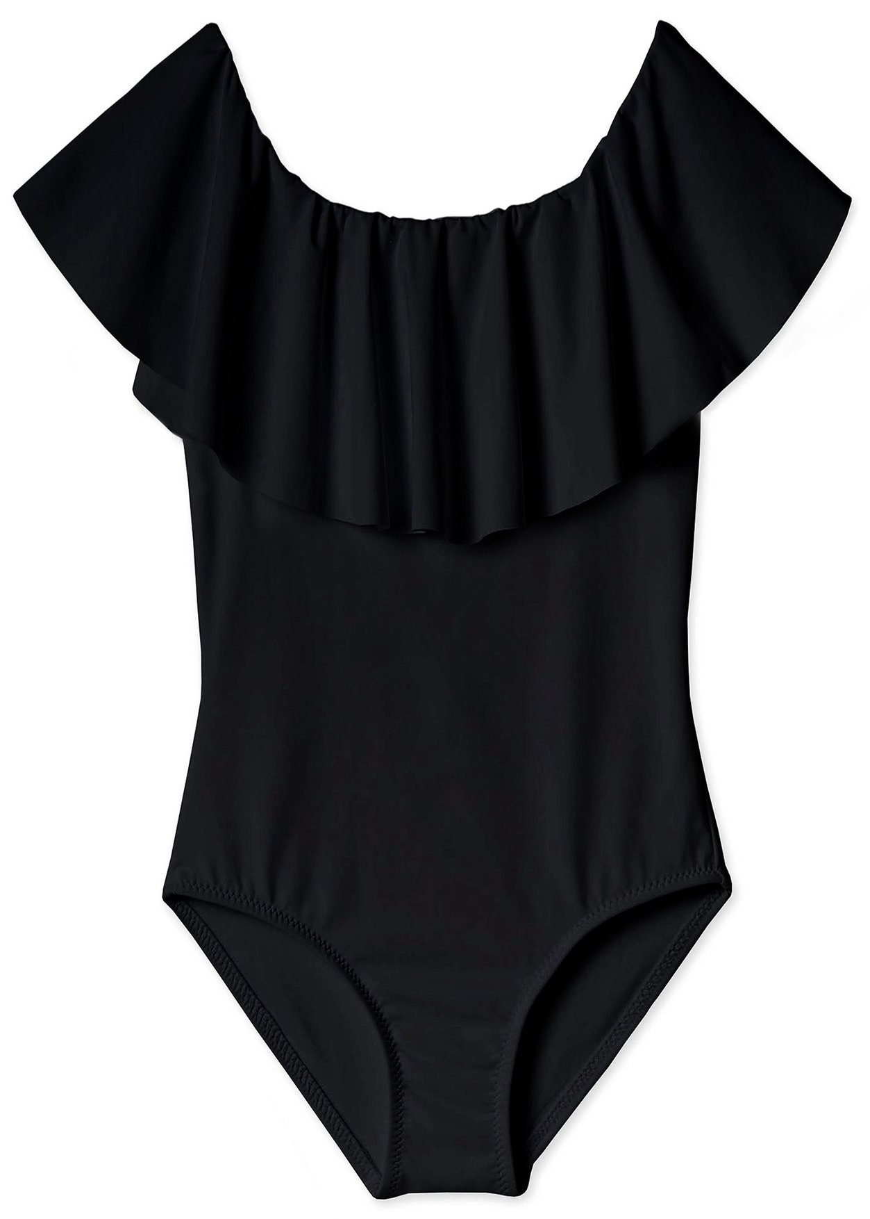 Black draped swimsuit for girls, featuring a stylish design and soft fabric, perfect for beach and pool activities.