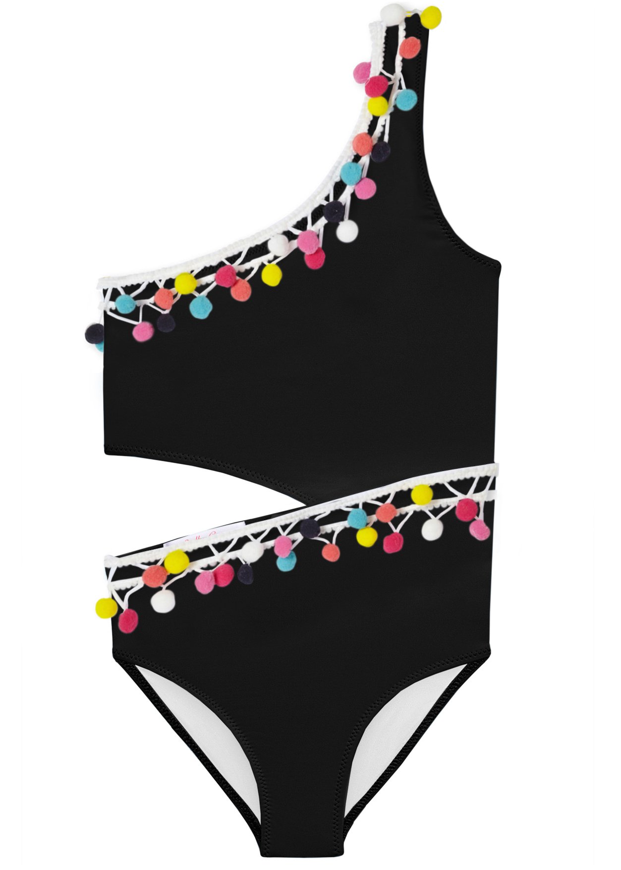 Black side cut swimsuit featuring multicolor pom pom trim, perfect for beach and pool wear.