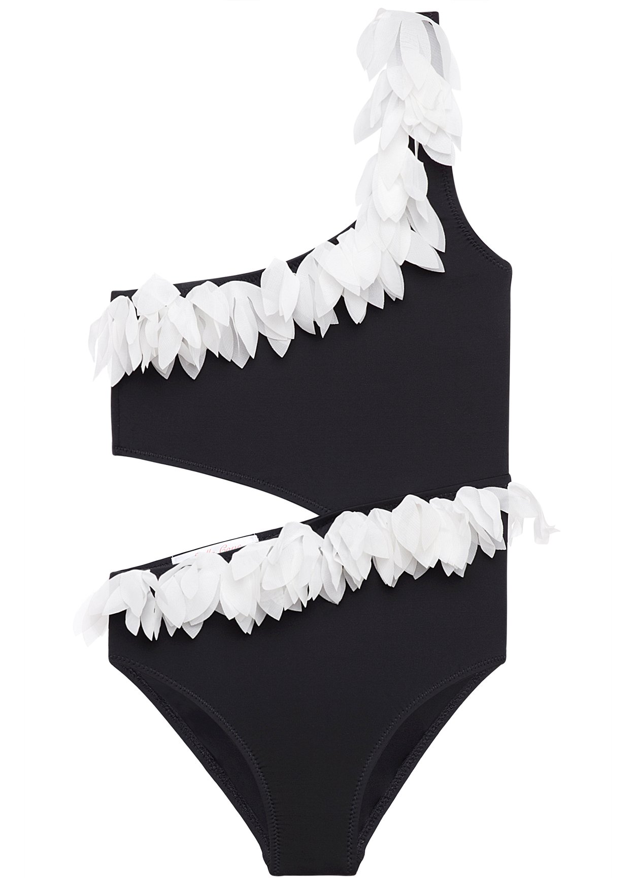 Black side cut swimsuit adorned with white chiffon petals, showcasing a stylish and elegant design.