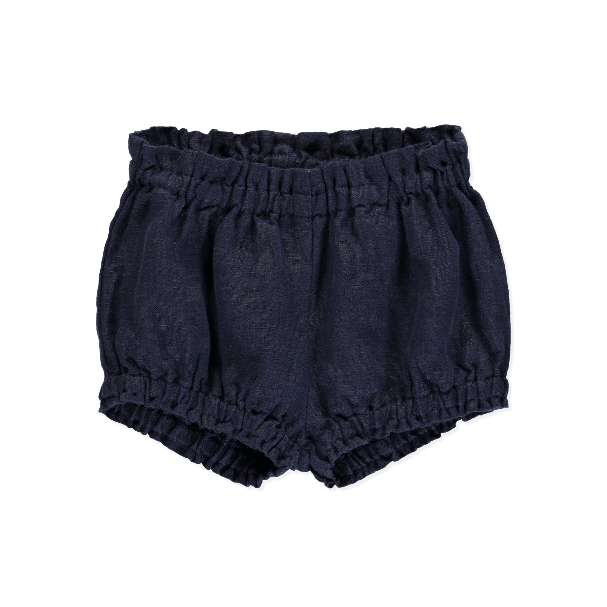 Bloomers Buttercup Blue balloon shorts for babies, made of 100% linen with elasticated waist and frills, available in blue color.