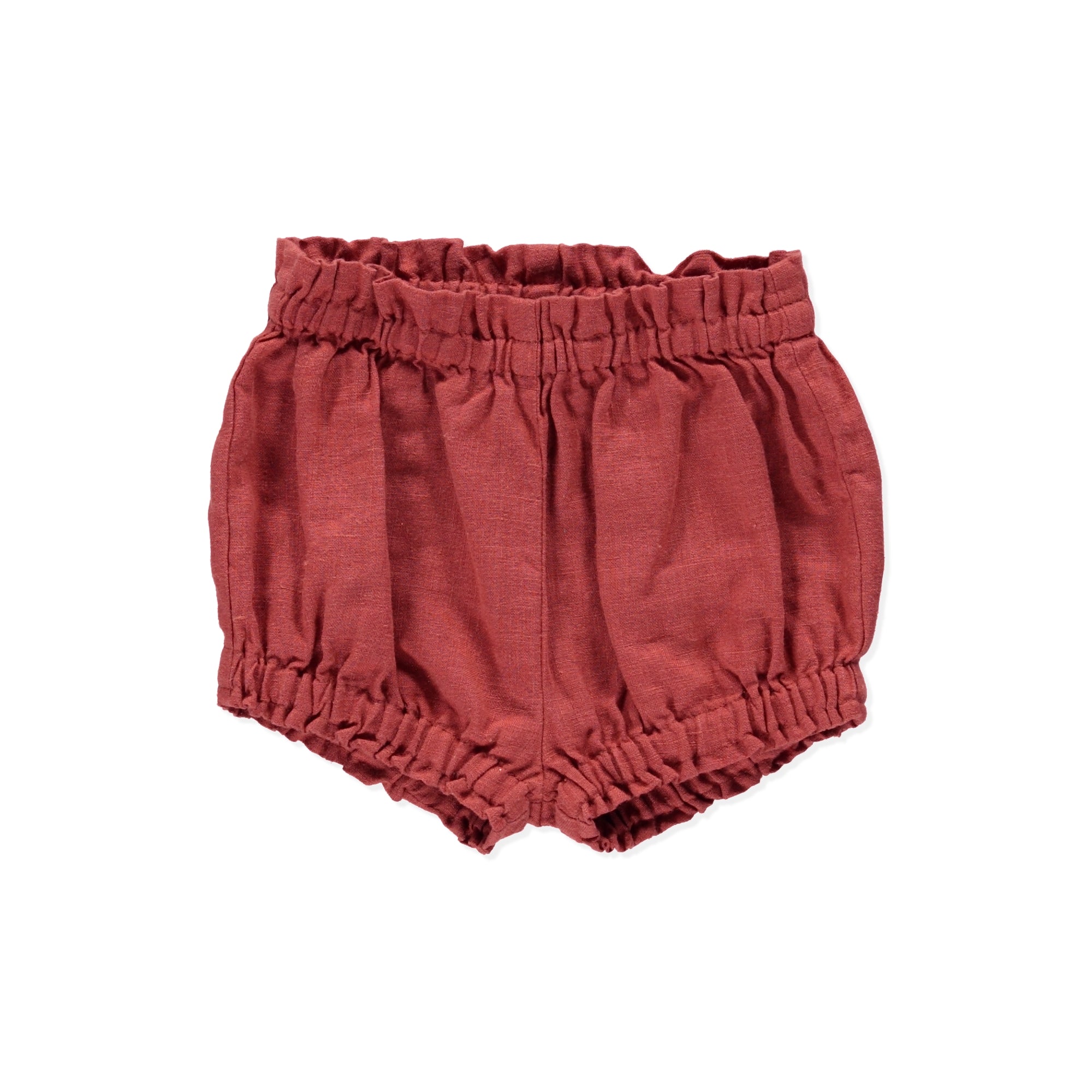 Bloomers Buttercup Terracotta balloon baby shorts made of 100% linen with frills and elasticated waist.