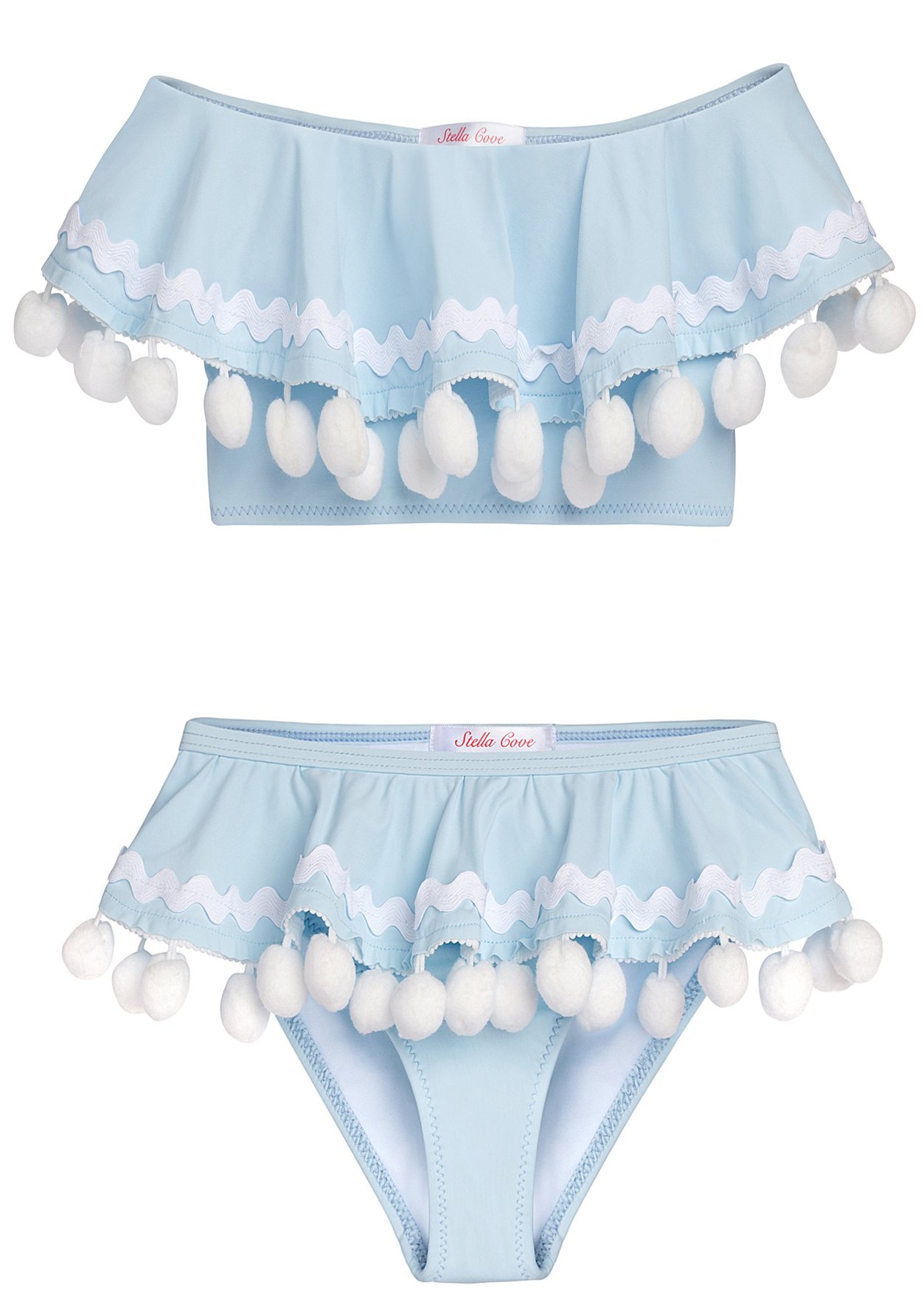 Light blue draped bikini with white pom poms and ric rac trim, perfect for girls' summer wear.