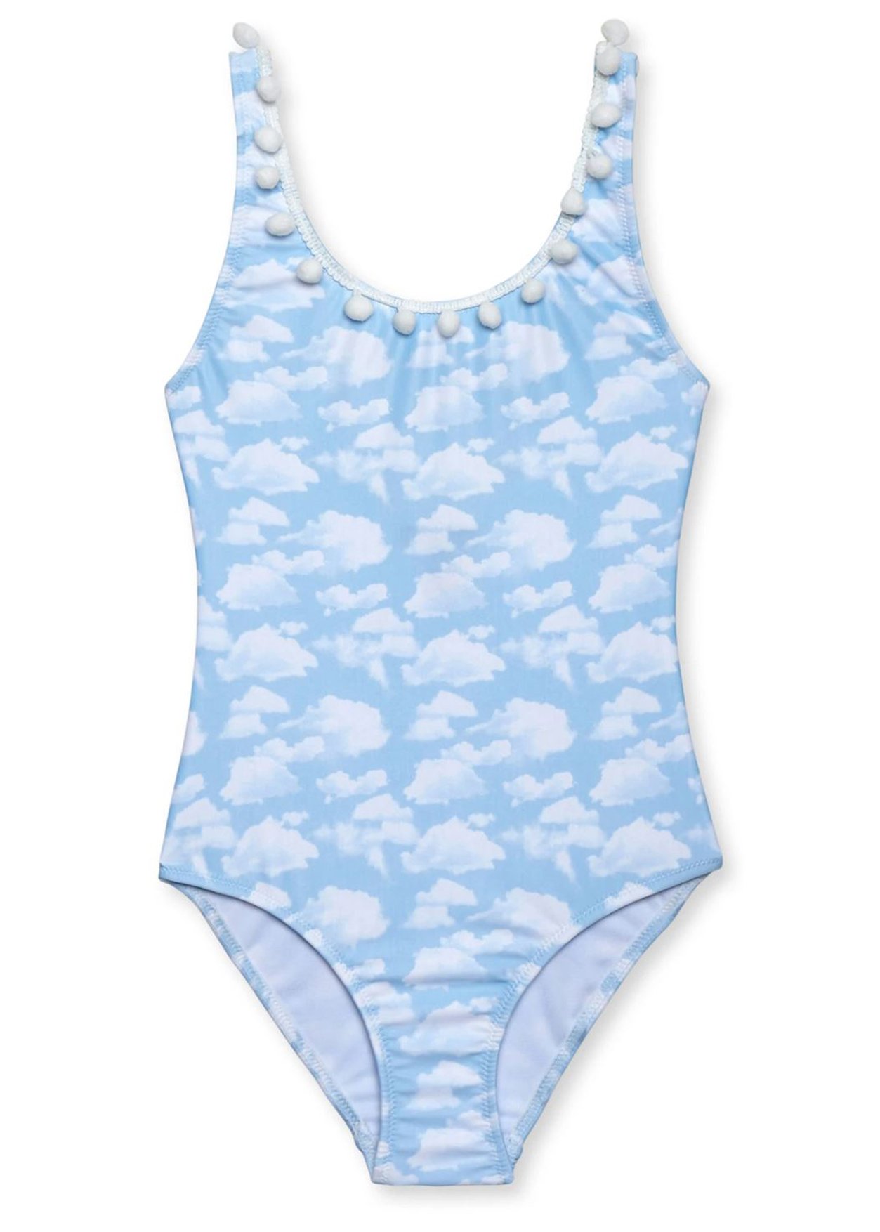 Blue Skies Tank with Pom Poms featuring a vibrant cloud print design, perfect for girls' summer swimwear.