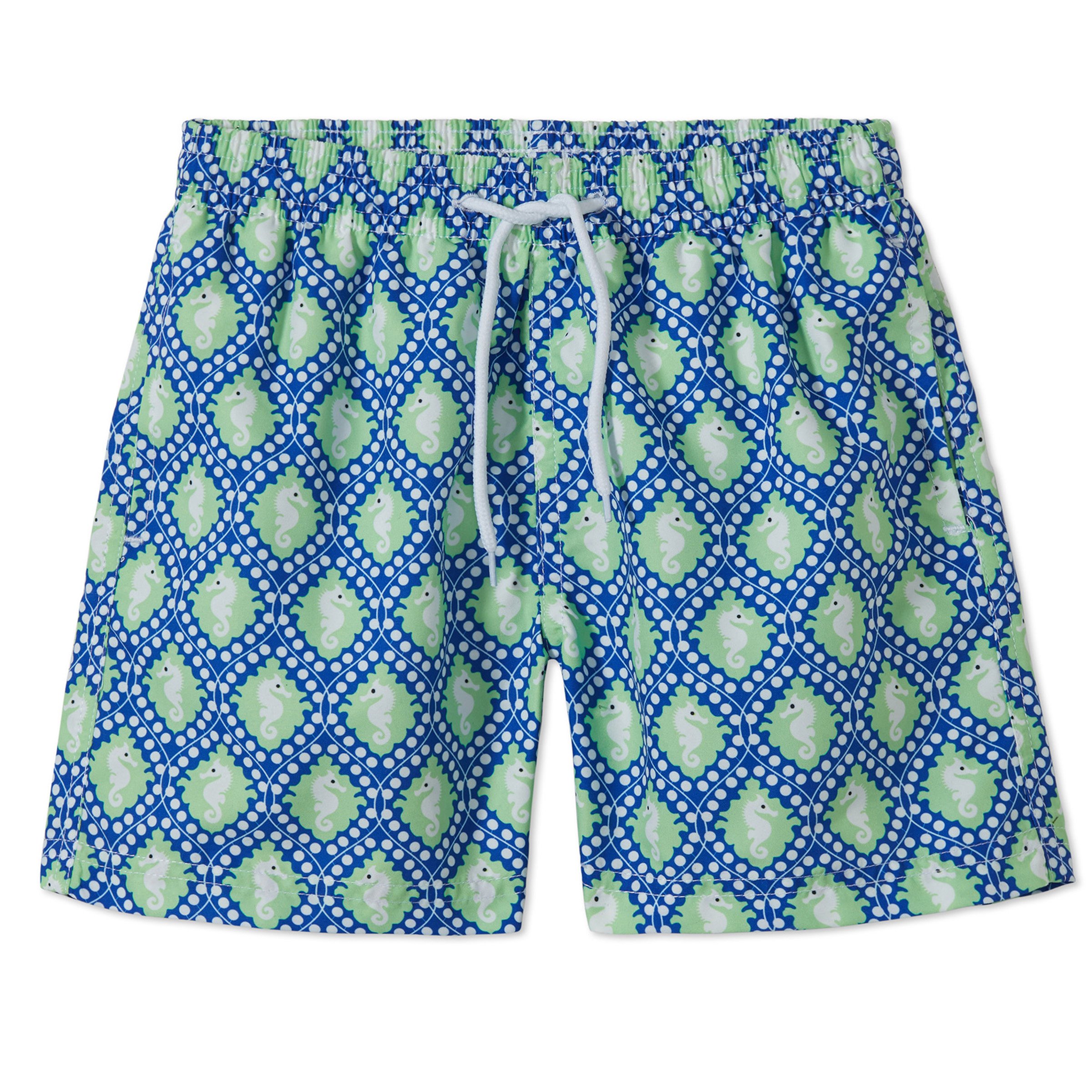 Colorful Board Shorts featuring a playful Sea Horse print, perfect for boys' swimwear.