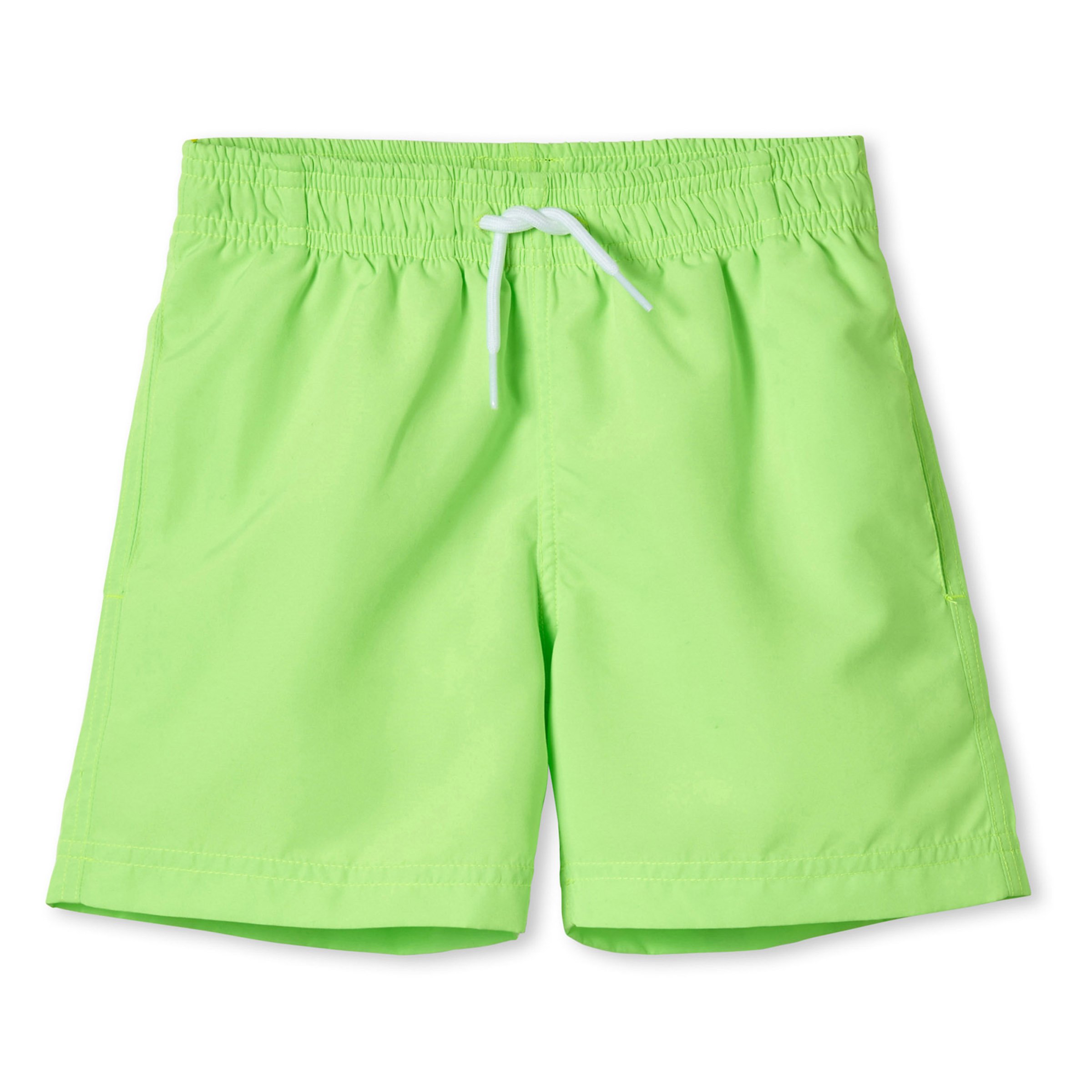A pair of vibrant neon green board shorts made from high-quality materials, showcasing a stylish design suitable for beach and pool activities.