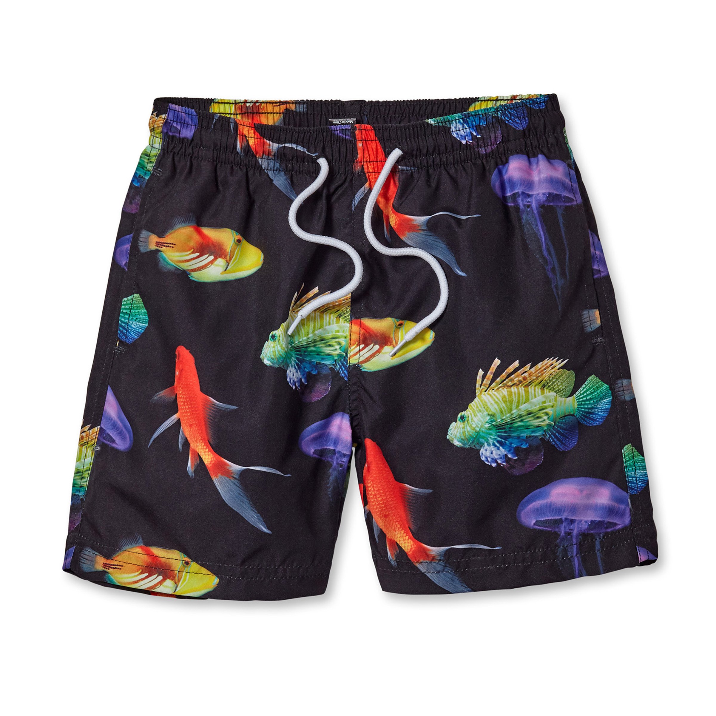 Stylish board shorts featuring a black background with vibrant neon fish print, perfect for boys' swimwear.