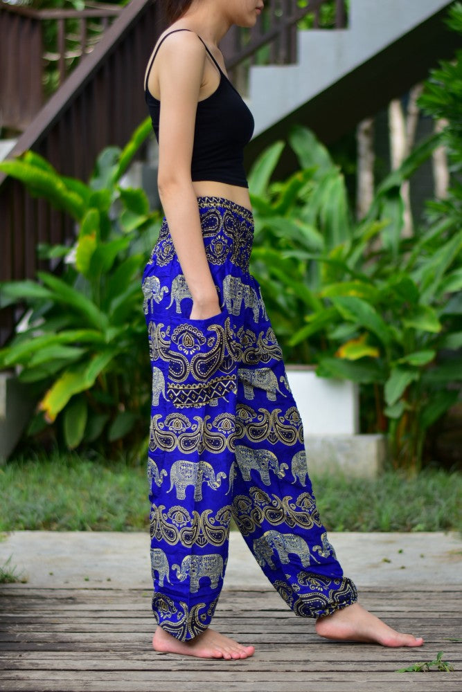 Bohotusk Kids Blue Elephant Harem Pants featuring elasticated waist and vibrant design, perfect for active children.
