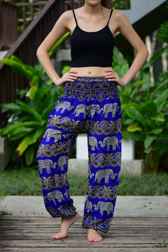 Bohotusk Kids Blue Elephant Harem Pants featuring elasticated waist and vibrant design, perfect for active children.