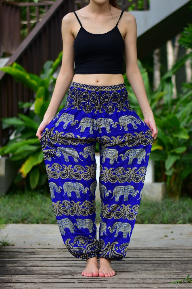Bohotusk Kids Blue Elephant Harem Pants featuring elasticated waist and vibrant design, perfect for active children.