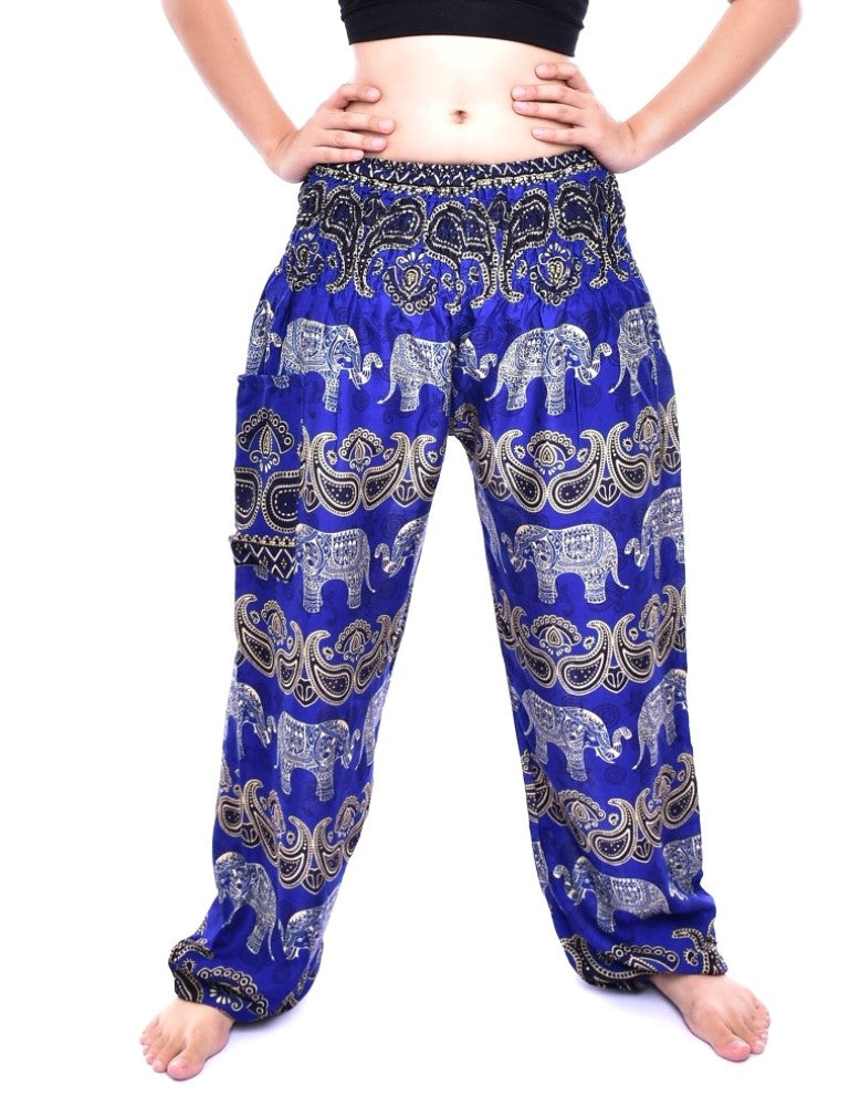 Bohotusk Kids Blue Elephant Harem Pants featuring elasticated waist and ankle, made from soft rayon, perfect for active children.