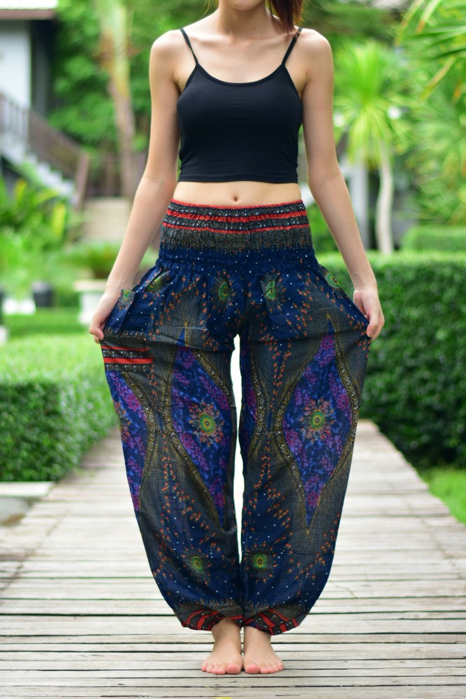 Bohotusk Kids Blue Moonshine Harem Pants featuring elasticated waist and ankles, made from soft rayon, perfect for children aged 4'2" to 4'9".