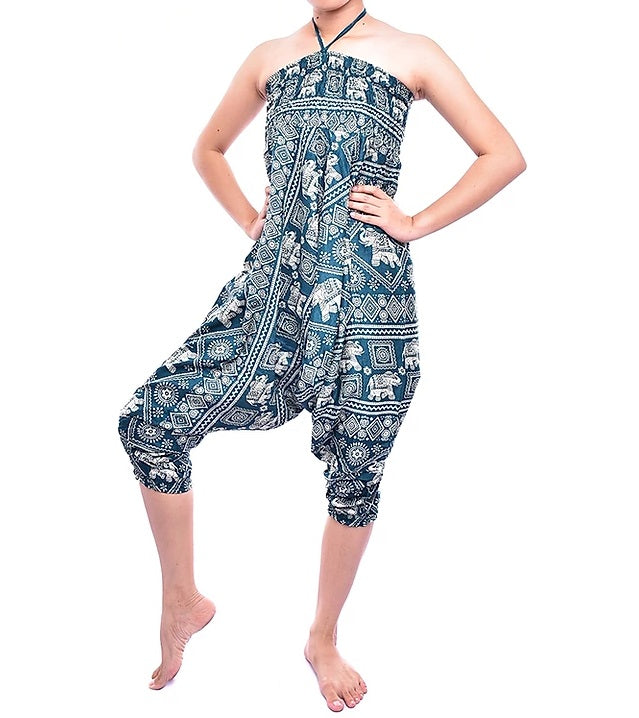 Bohotusk Kids Green Elephant Print Jumpsuit featuring vibrant elephant designs, elasticated chest, and neck-tie fastening, suitable for ages 6-8.