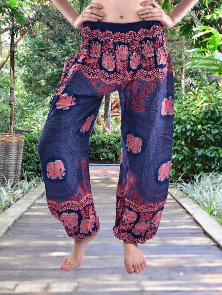 Bohotusk Kids Purple Pink Elephant Genie Trousers with elasticated waist and ankles, featuring a playful elephant design.