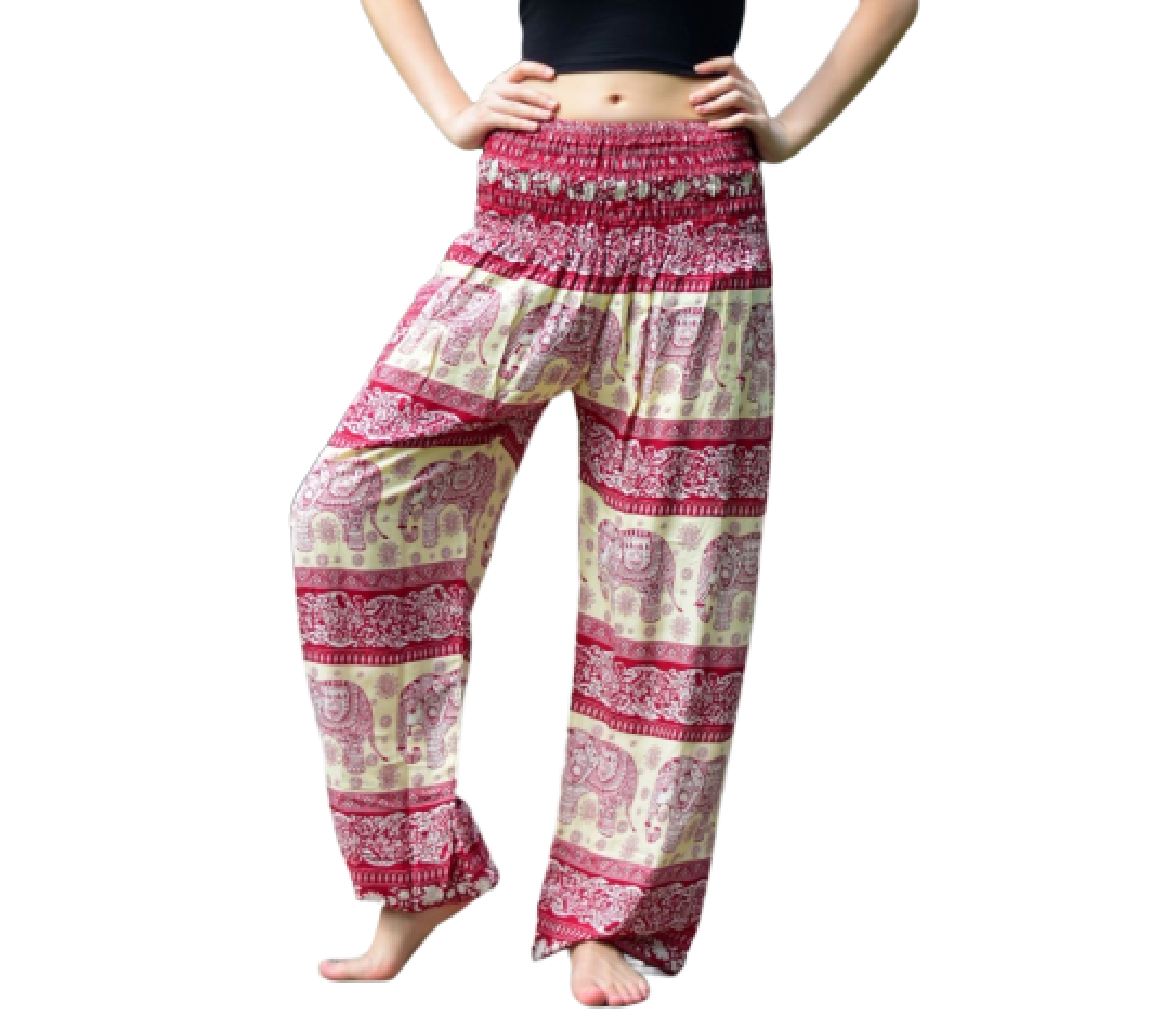 Bohotusk Kids Red Elephant Herd Print Harem Pants featuring a vibrant elephant design, elasticated waist, and soft rayon fabric.