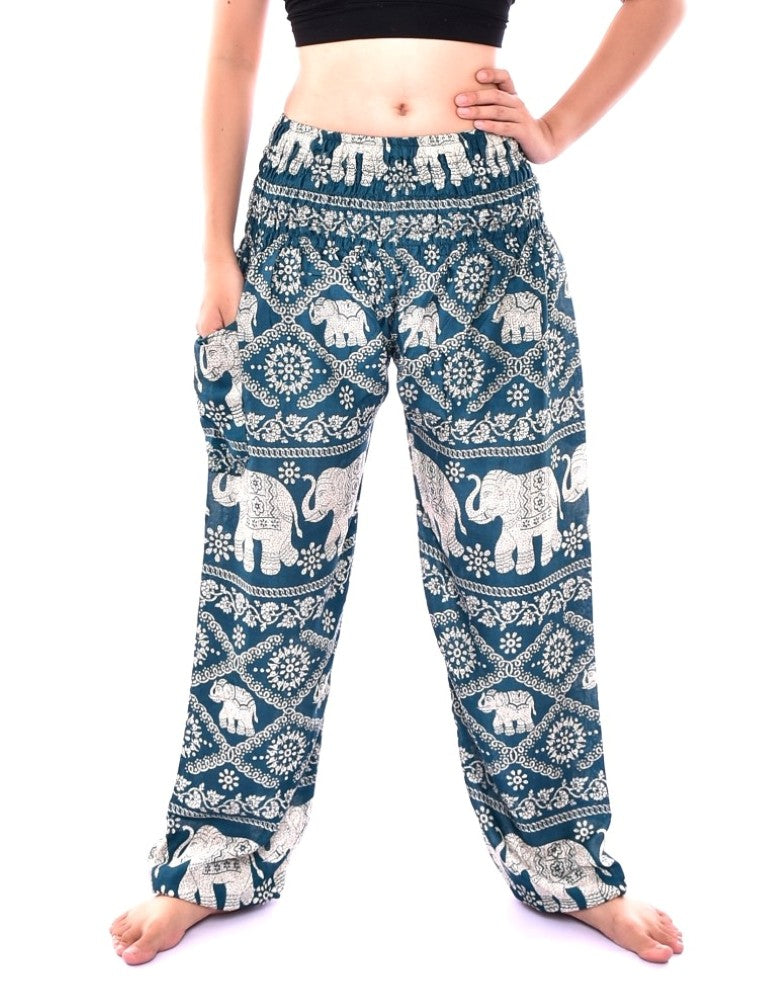 Bohotusk Kids Turquoise Elephant Harem Trousers with elasticated waist and ankle, featuring a vibrant elephant print.