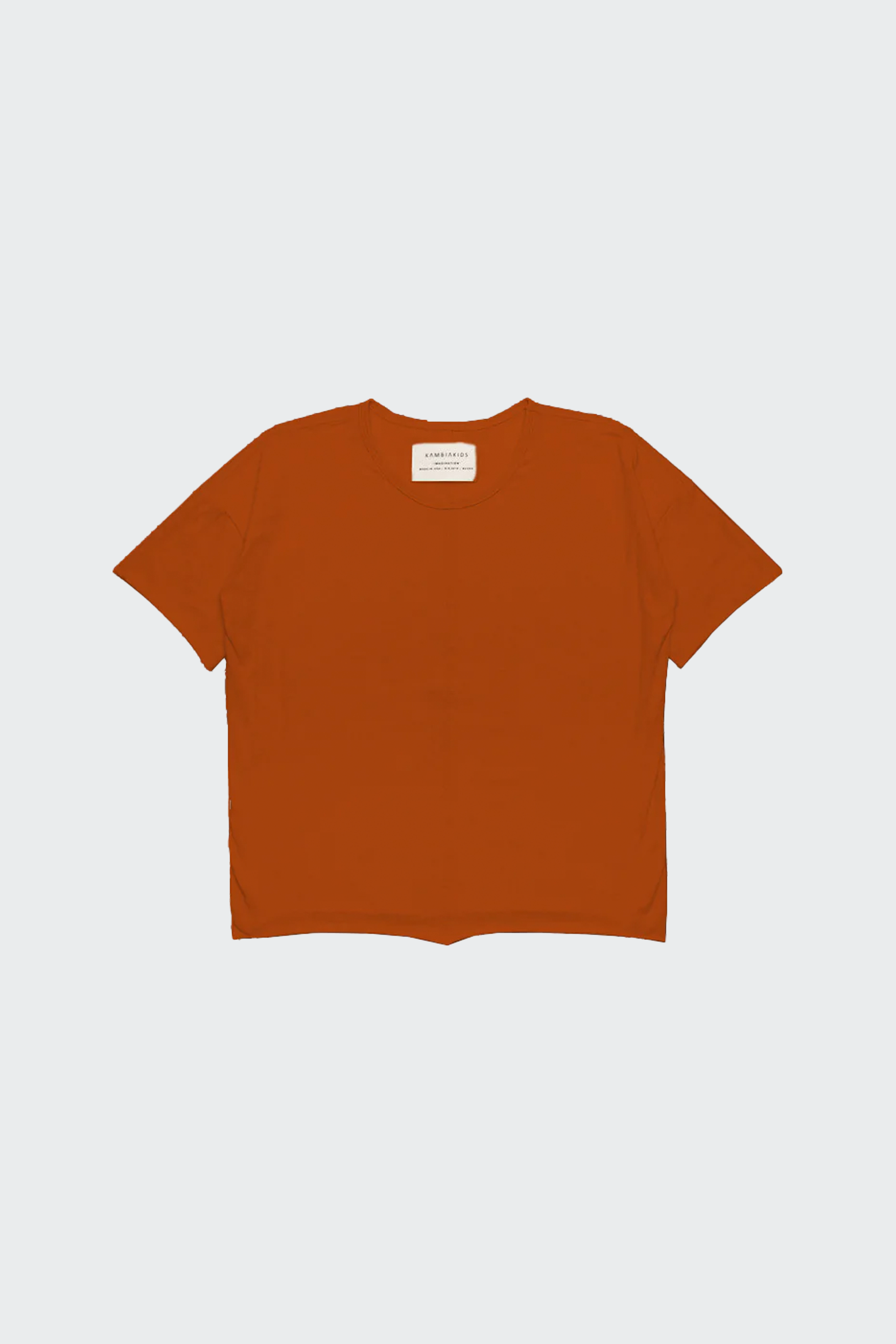 Burnt Orange Short Sleeve Top for kids, made from sustainable cotton and spandex, featuring a comfortable oversized fit.