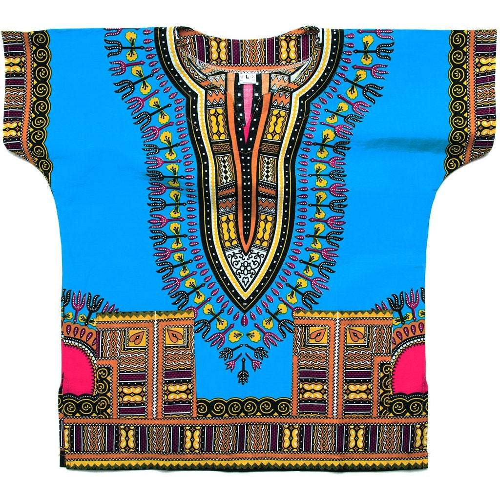 A sky blue handmade dashiki shirt for children, featuring traditional patterns and a comfortable fit, perfect for playtime or outings.