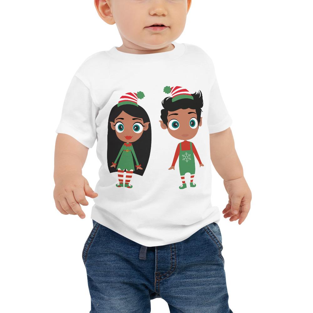 A festive Christmas Elf Baby Short Sleeve Tee made from soft cotton, featuring a playful elf design perfect for holiday celebrations.