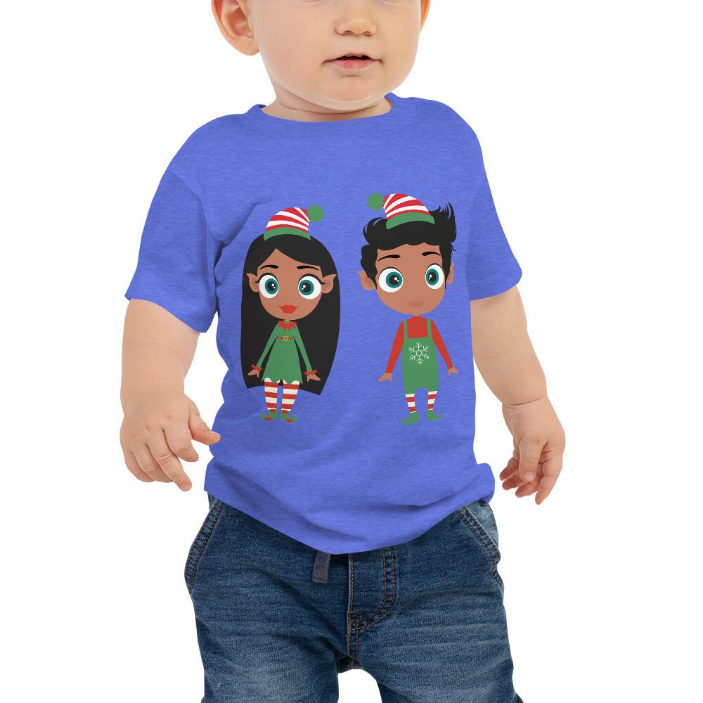 A festive Christmas Elf Baby Short Sleeve Tee made from soft cotton, featuring a playful elf design perfect for holiday celebrations.