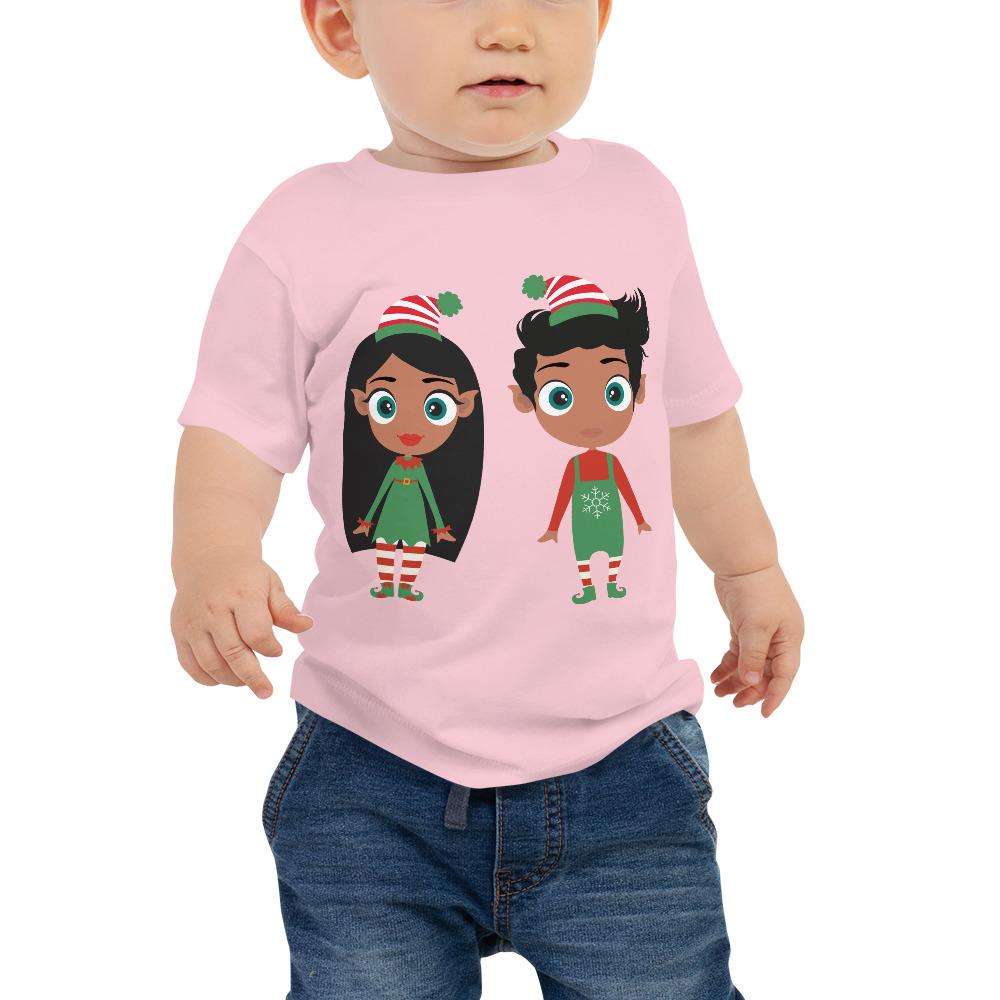 A festive Christmas Elf Baby Short Sleeve Tee made from soft cotton, featuring a playful elf design perfect for holiday celebrations.
