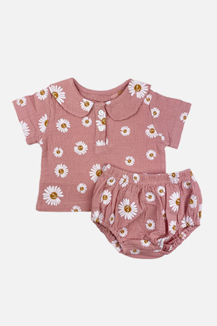 Daisy 2 pc linen set featuring a tea rose pink top with a Peter Pan collar and matching bloomer shorts with a daisy print.