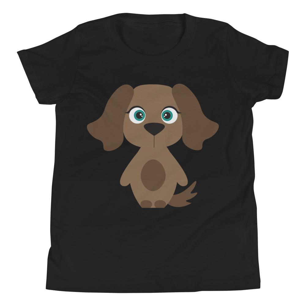 A soft jersey cotton t-shirt for kids featuring a playful dog design, available in various sizes.