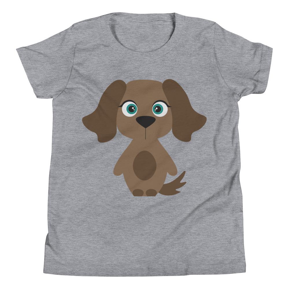 A soft jersey cotton t-shirt for kids featuring a playful dog design, available in various sizes.