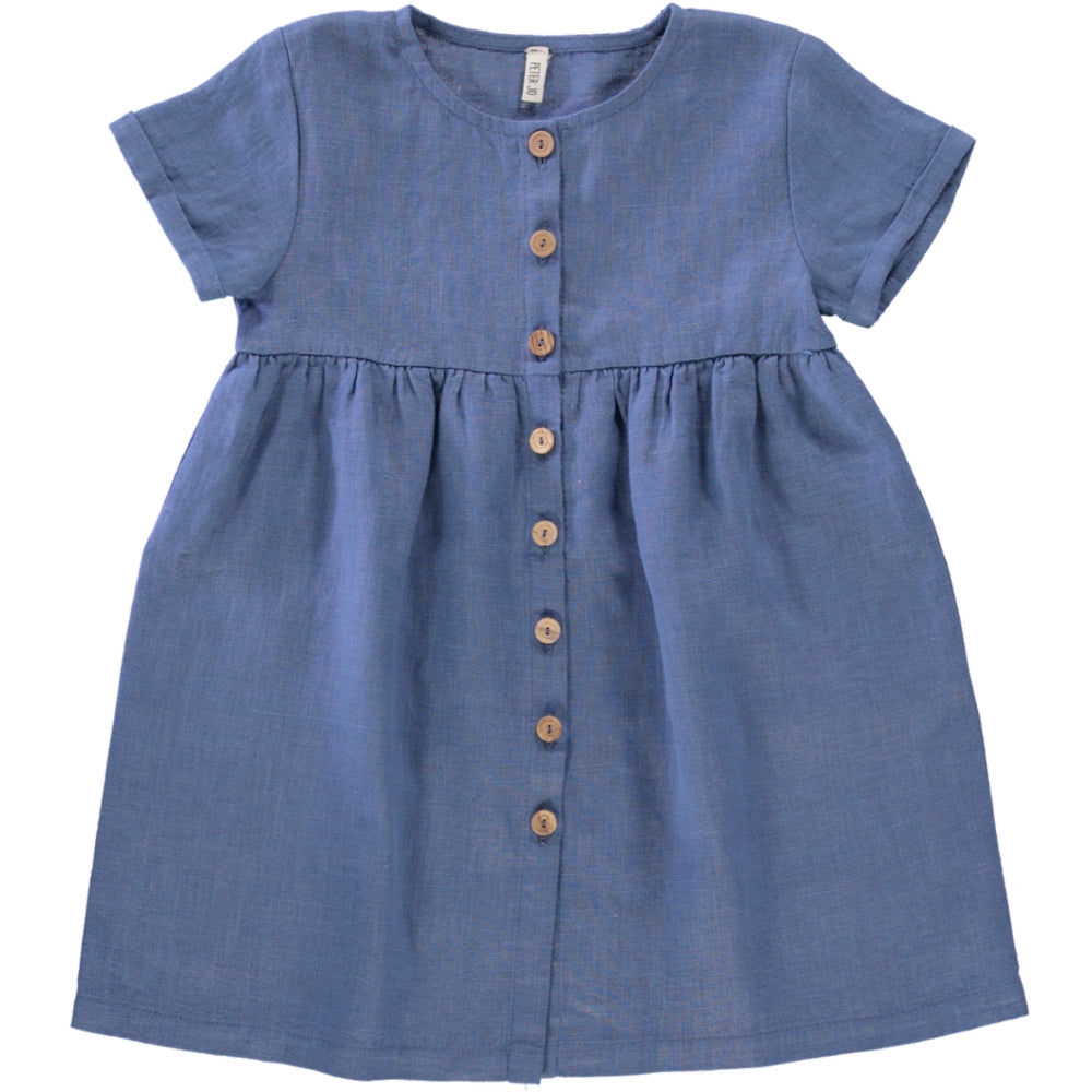 Dress Beautie Celeste made from soft natural linen, featuring short sleeves, gathered chest, and olive wood buttons in Rose/Blue Celeste color.