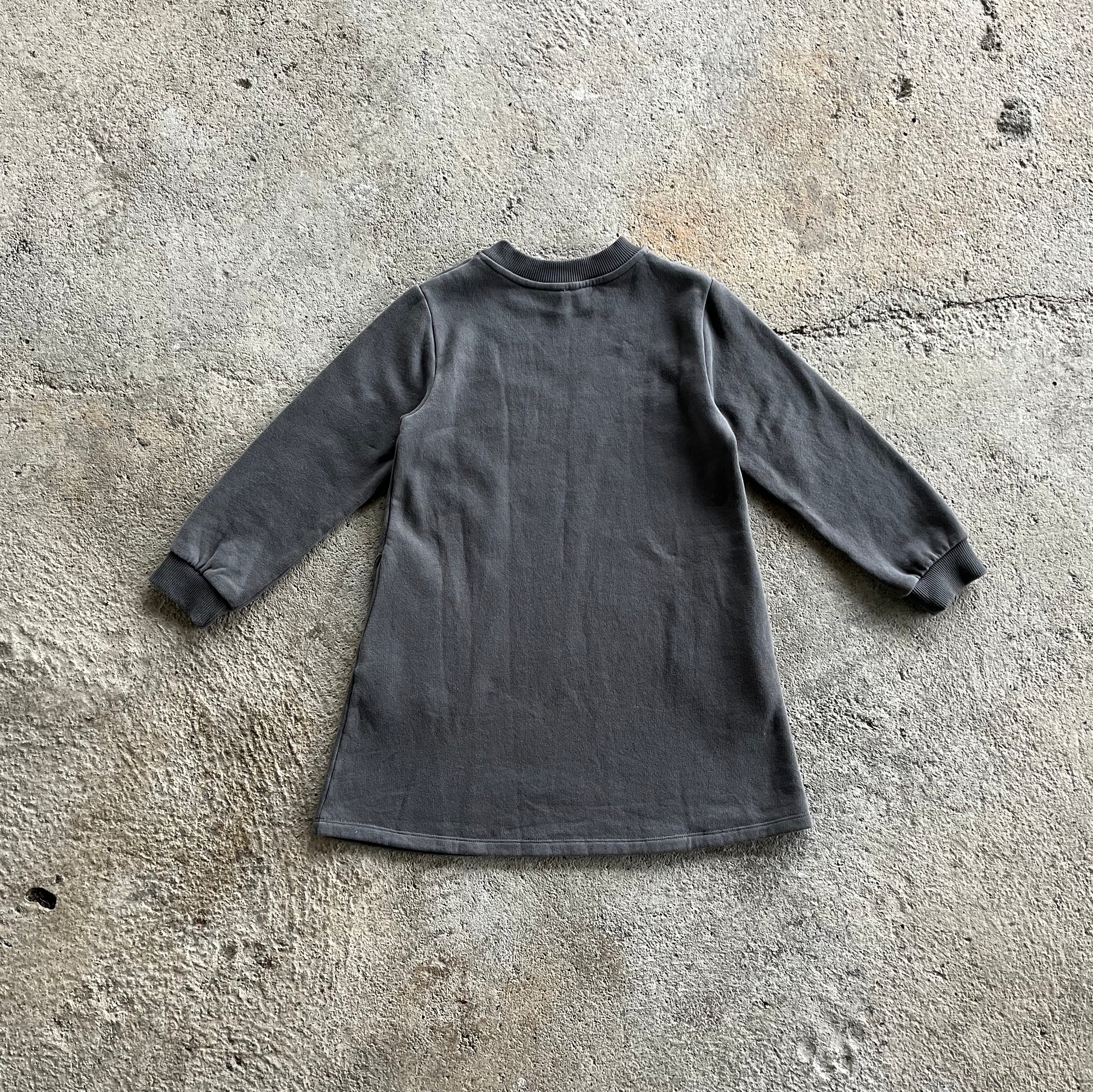 A stylish winter dress for girls in midnight grey, featuring long sleeves, a ribbed round collar, and side pockets, made from soft brushed cotton fleece.