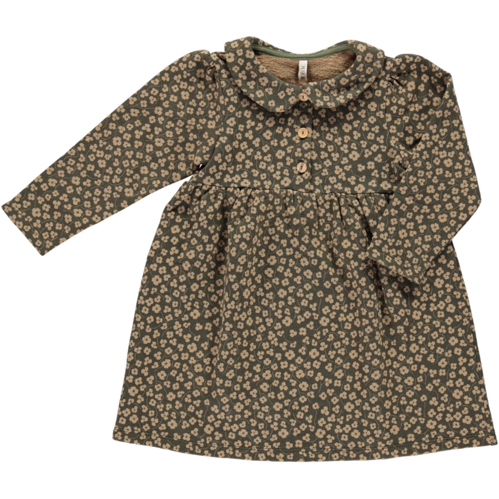 Dress Montana Camel Print featuring khaki floral design, long balloon sleeves, and olive wood button closure.
