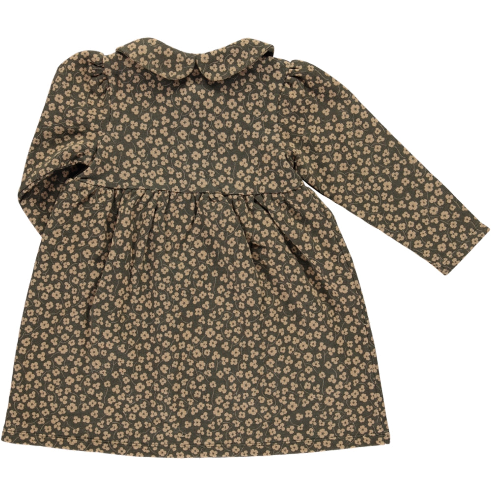 Dress Montana Camel Print featuring khaki floral design, long balloon sleeves, and olive wood button closure.
