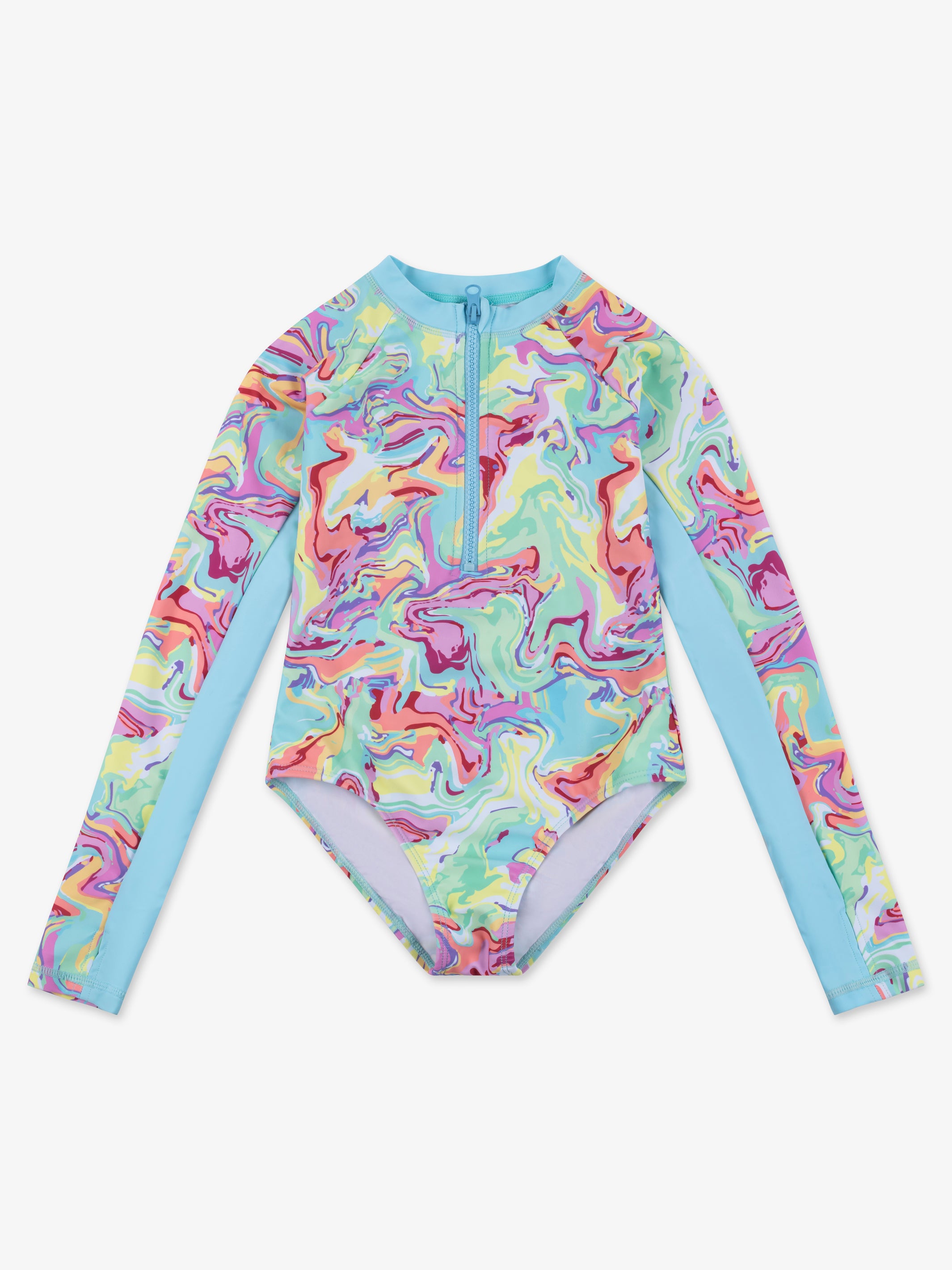 EILEEN Printed Long Sleeve One Piece Swimsuit featuring a retro marble print and sporty design for sun protection.