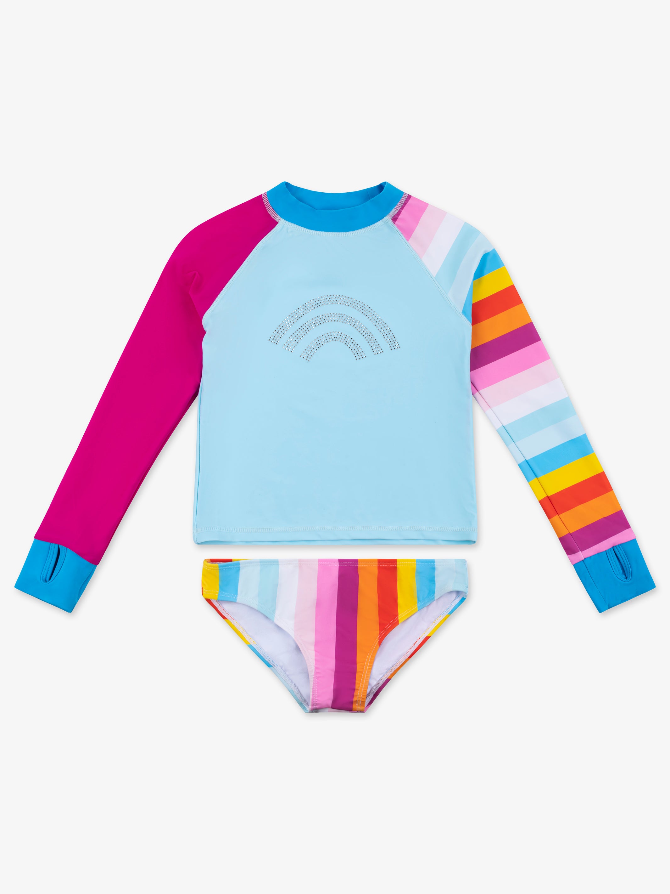ELVIE Multicolor Rhinestone Print Rash Guard Set featuring bold stripes and mid-rise bikini bottoms, perfect for summer activities.