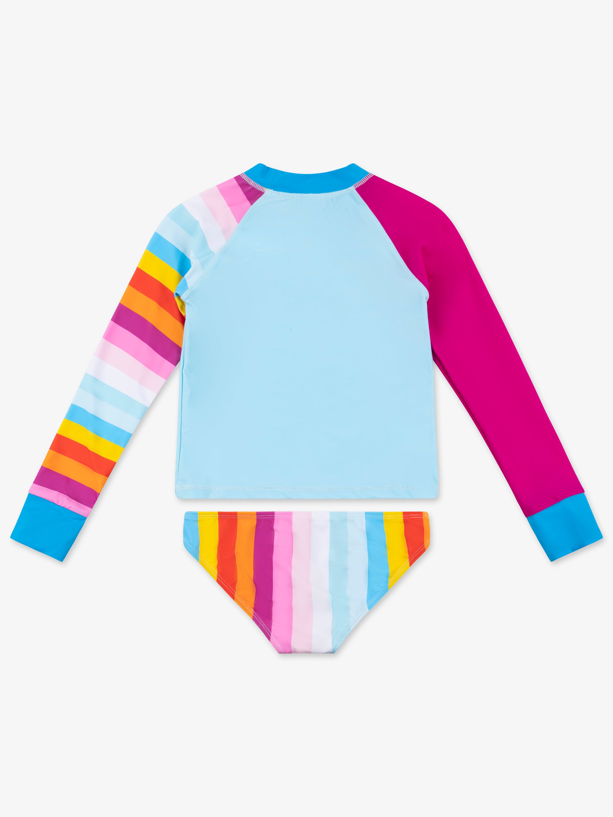 ELVIE Multicolor Rhinestone Print Rash Guard Set featuring bold stripes and mid-rise bikini bottoms, perfect for summer activities.