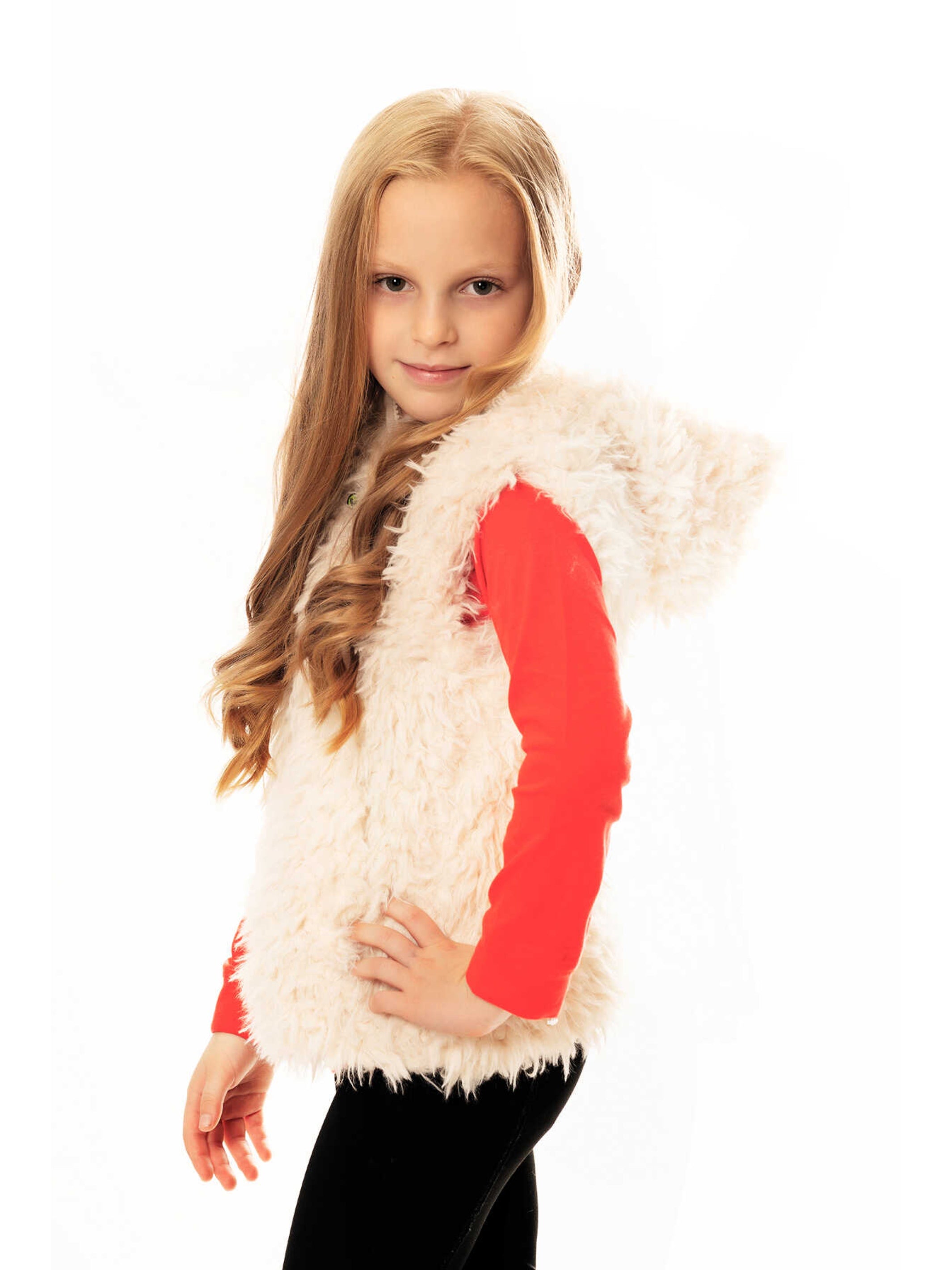 Cream Sherpa Faux Fur Vest from Limeapple with a plush texture and roomy hood, perfect for cozy layering.