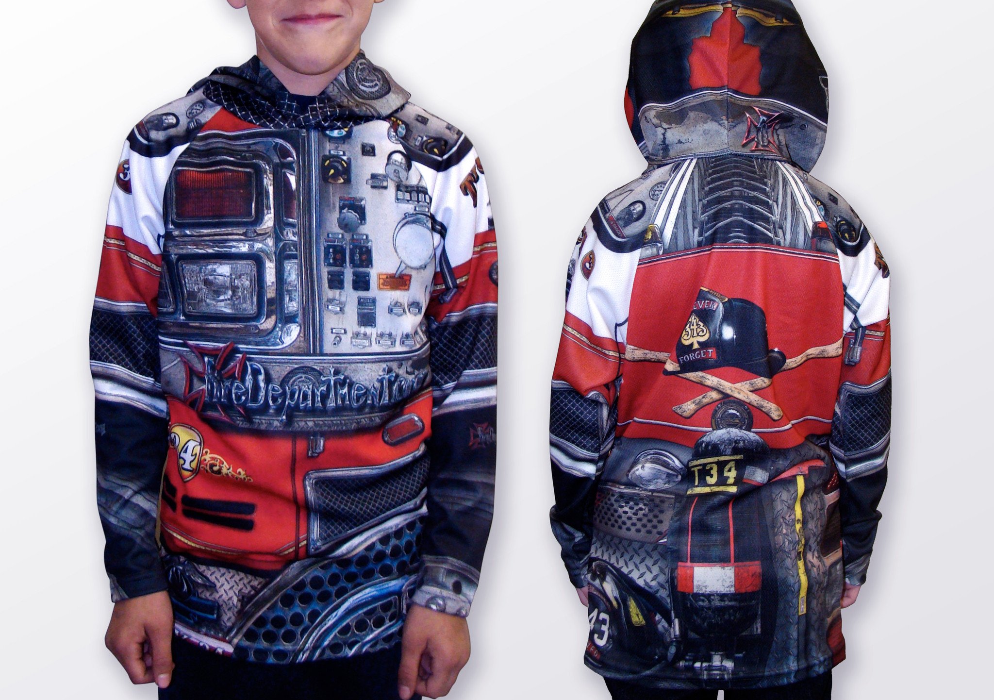 A vibrant FIRE ENGINE Hoodie Chomp Shirt by MOUTHMAN® featuring bold fire truck graphics, designed for kids who love fire engines.