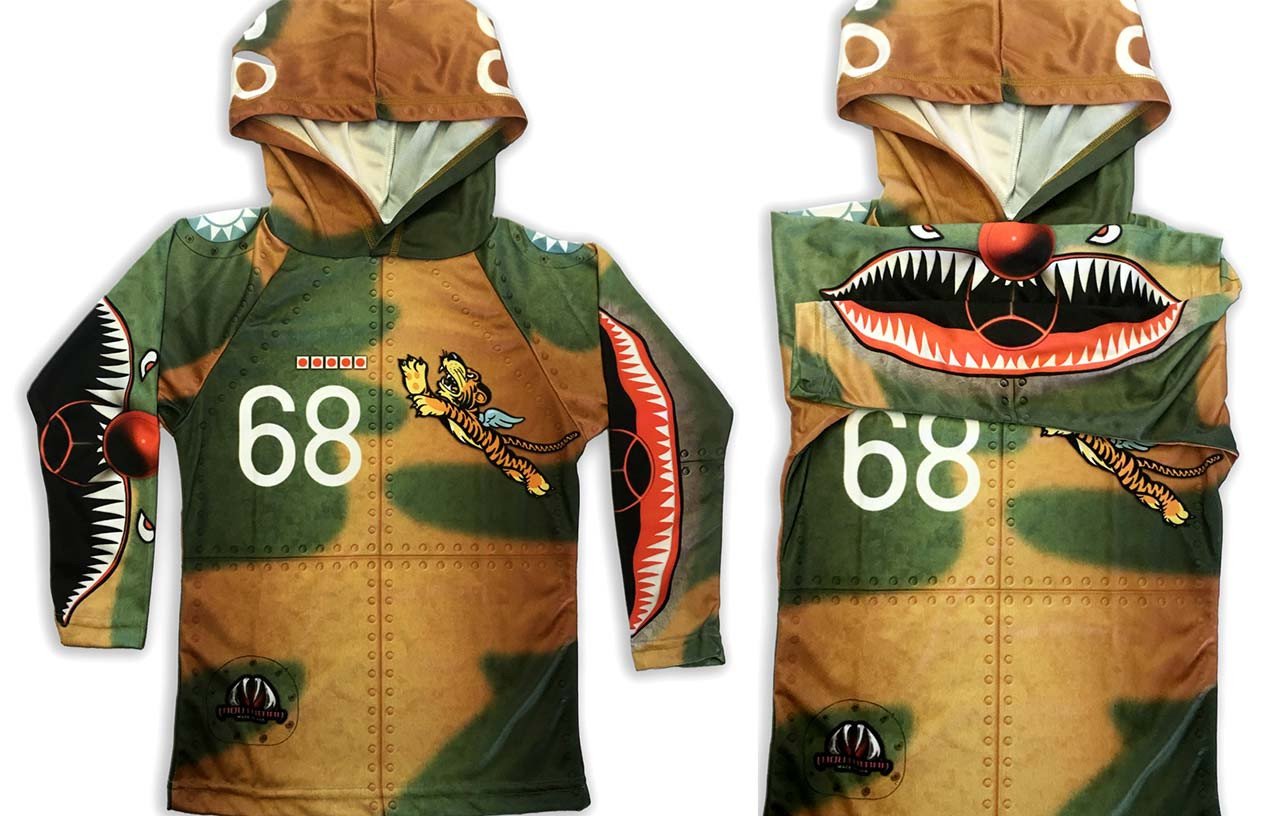 FLYING TIGER Hoodie Sport Shirt by MOUTHMAN® featuring a fighter plane design in green and sand camouflage colors.
