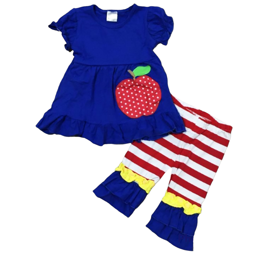 Girls Back to School Red Apple Tunic with Ruffle Pants, featuring a blue top with apple applique and red striped capri pants.